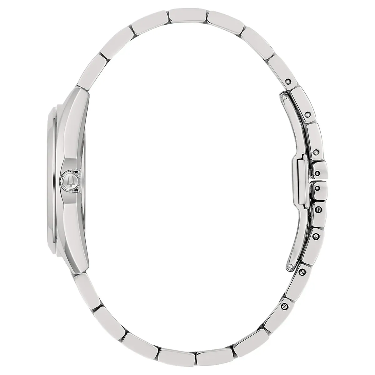 Zijaanzicht van het horloge op een witte achtergrond, met nadruk op het profiel van de kast en de stalen band.