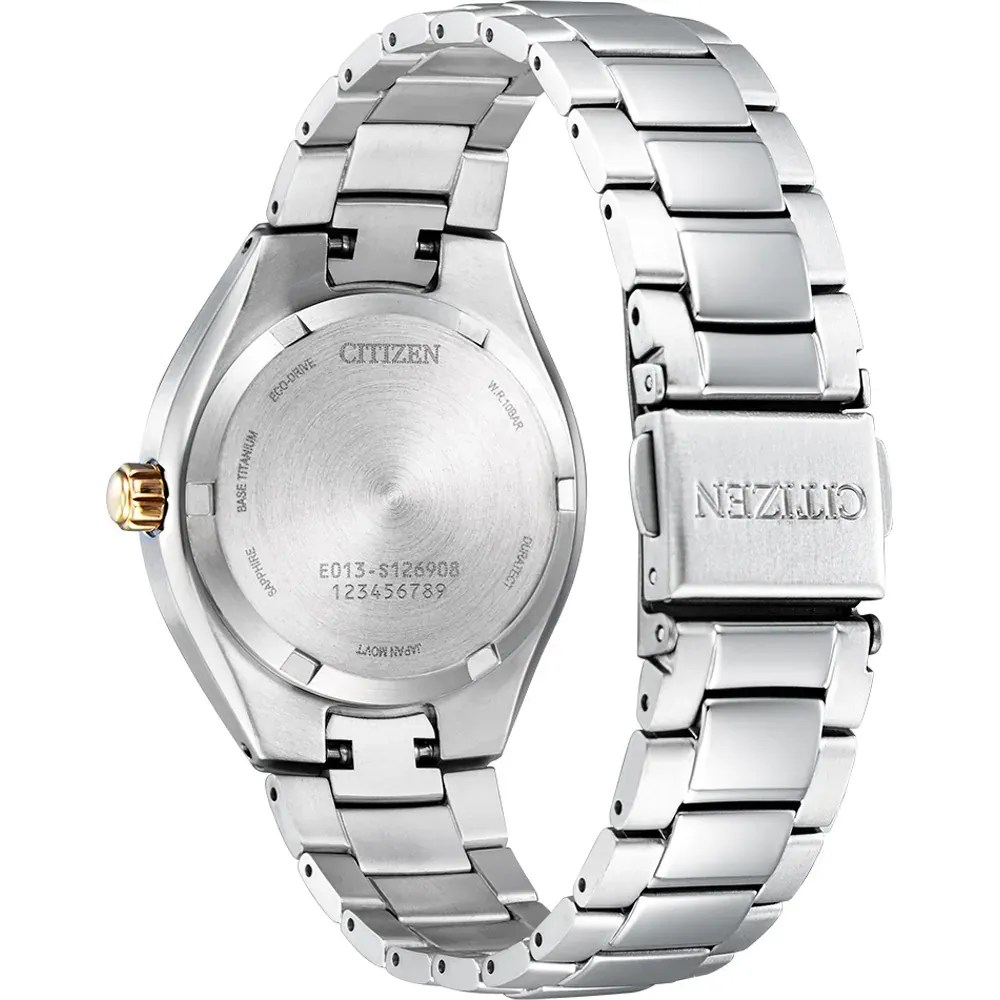 Rear view of the watch on a white background, showing the engraved case back and the bracelet clasp.
