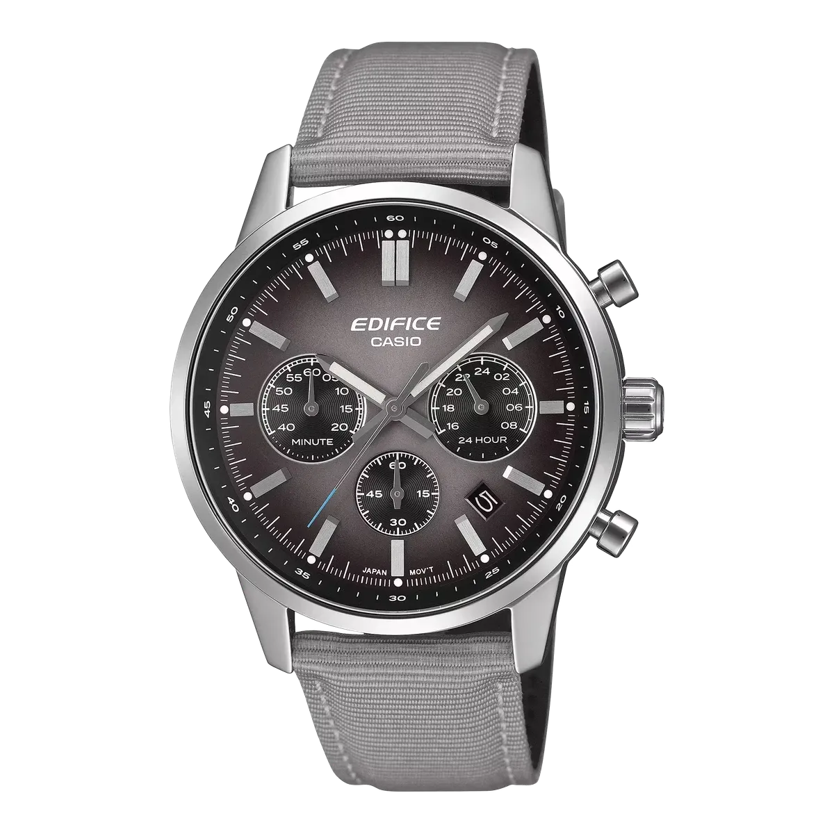 Vista frontal del reloj con correa de tela gris y esfera degradada, sobre fondo dividido en negro y blanco.