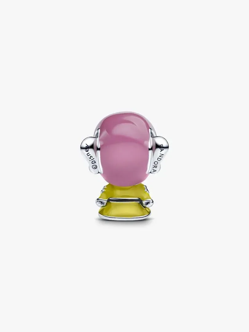Front view of Mudito charm, white background, detail of pink and yellow enamel on silver.