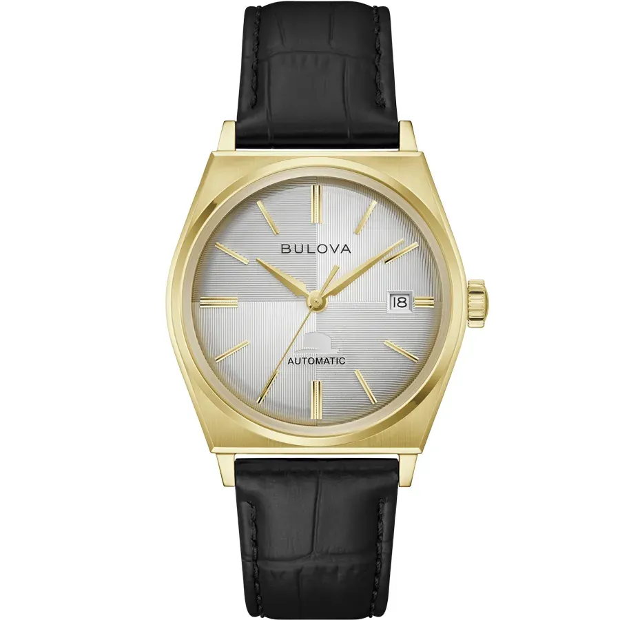 Vista frontal completa del reloj con caja dorada y correa de piel negra sobre fondo blanco.