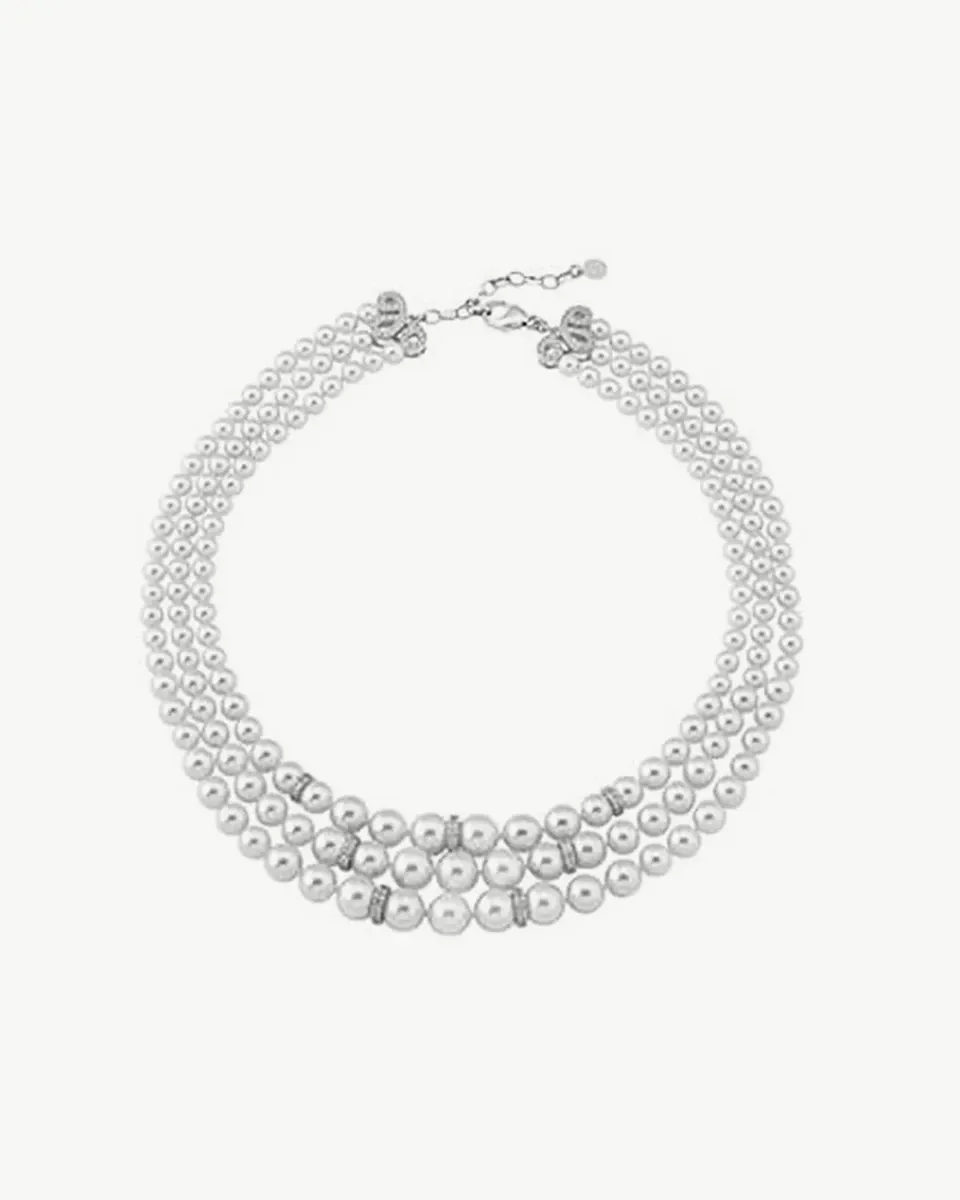 Top view of a multi-strand white pearl necklace on a white background