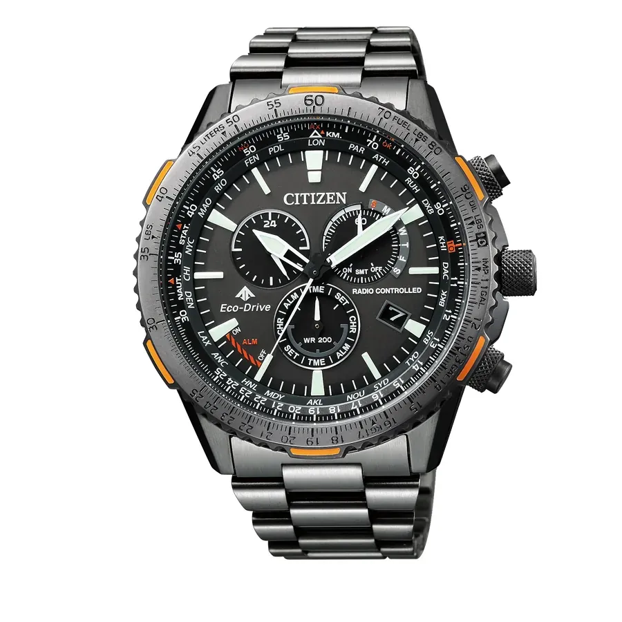 Vista frontal completa del reloj con dial antracita y brazalete negro sobre fondo blanco.