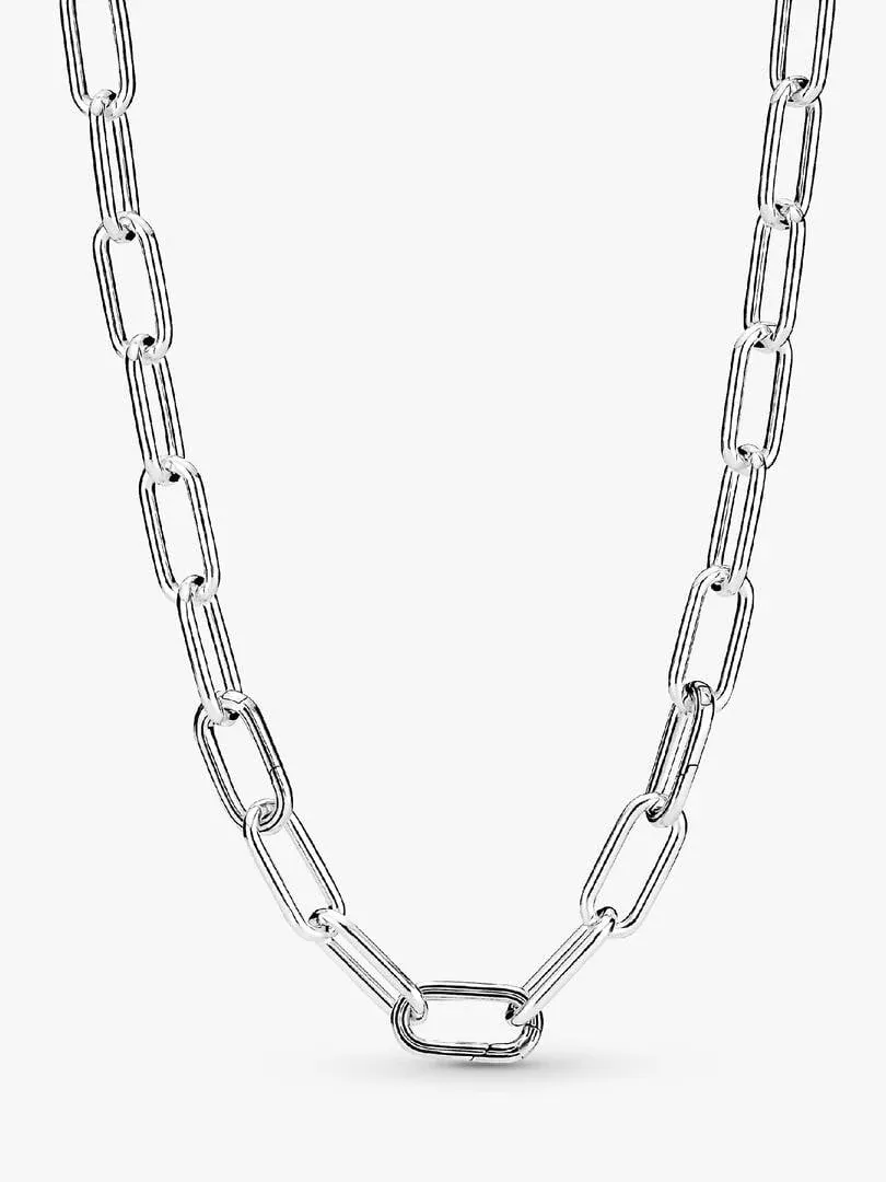 Silver link necklace shown in a front view on a white background, displaying the chain's drape.