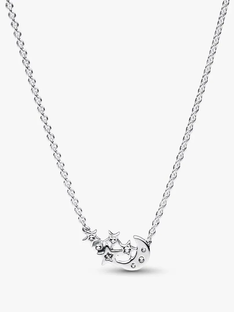 Silver necklace with moon and star pendant, front view on a white background.
