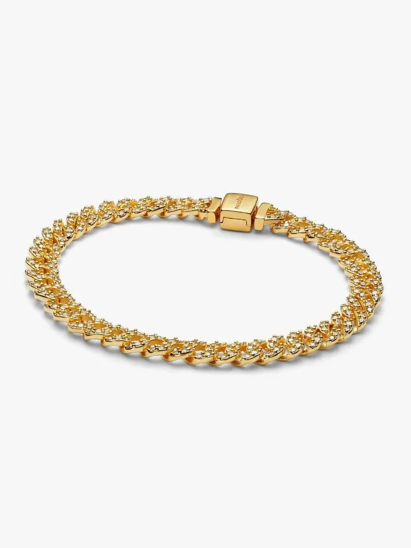 Top view of Cuban link bracelet on white background, showcasing the clasp and pavé stones.