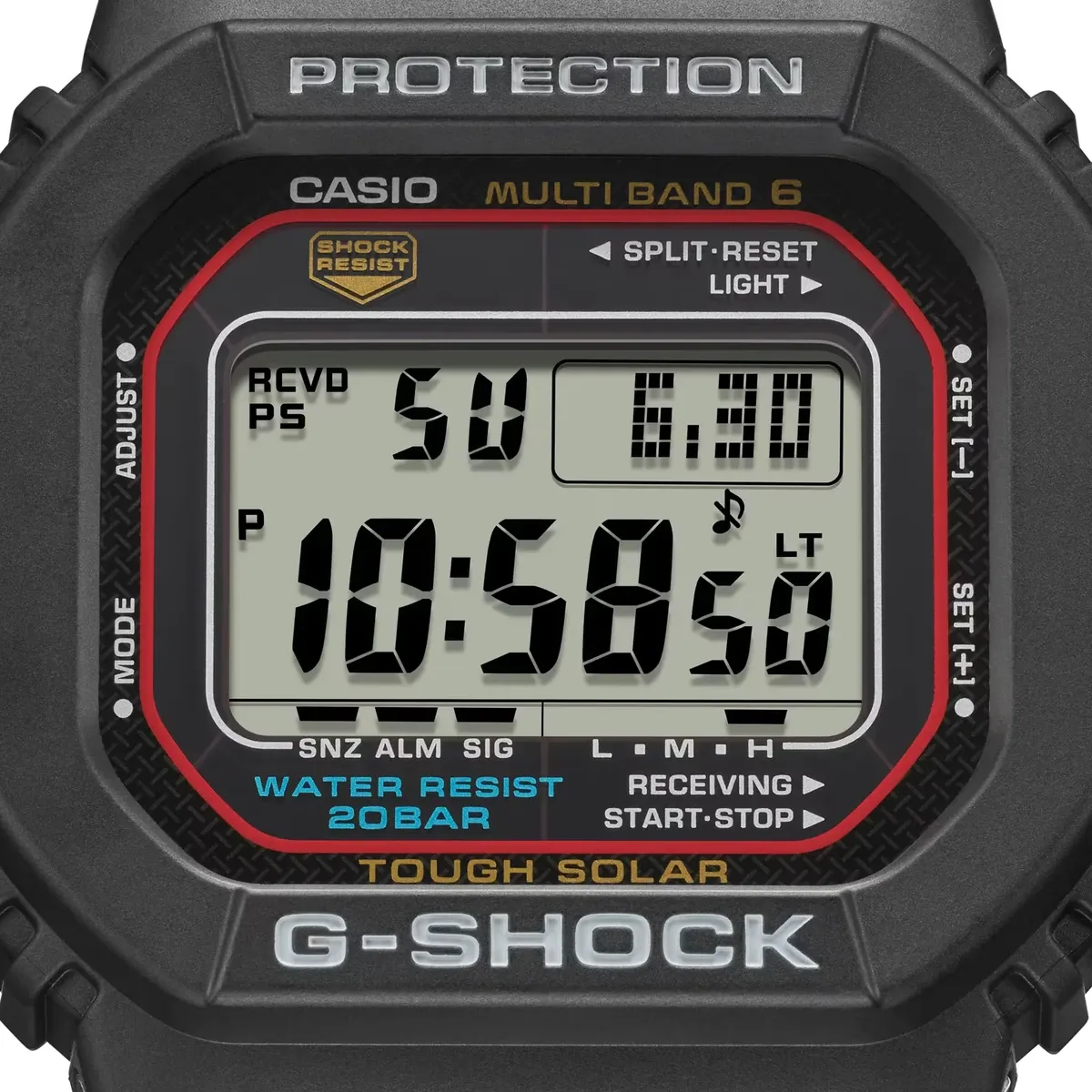 Primer plano frontal de la esfera digital y el bisel del reloj, fondo neutro.