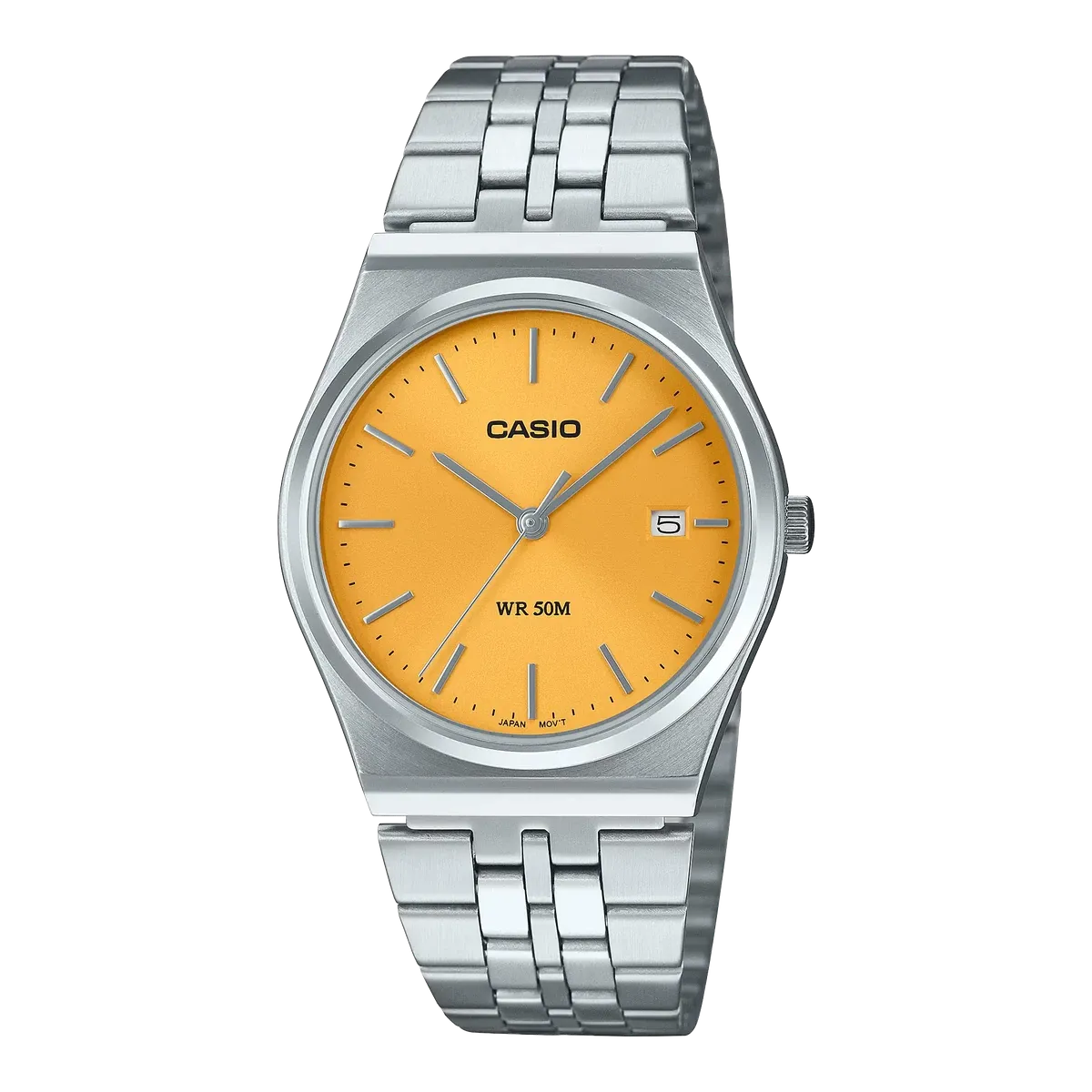 Vista frontal completa del reloj con esfera amarilla y brazalete de acero inoxidable sobre fondo blanco.