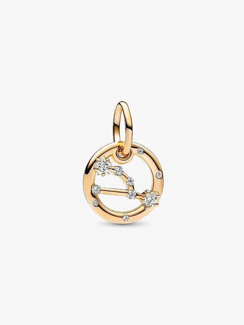 Gold-tone circular charm with cubic zirconia, front view on white background.