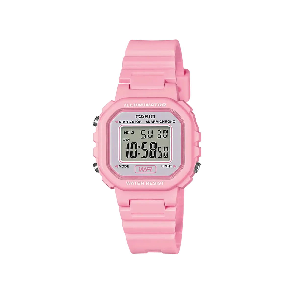 Vista frontal completa de reloj digital rosa sobre fondo negro.