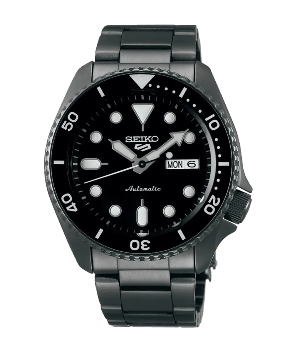 Vista frontal completa del reloj negro sobre fondo blanco, encuadre centrado.