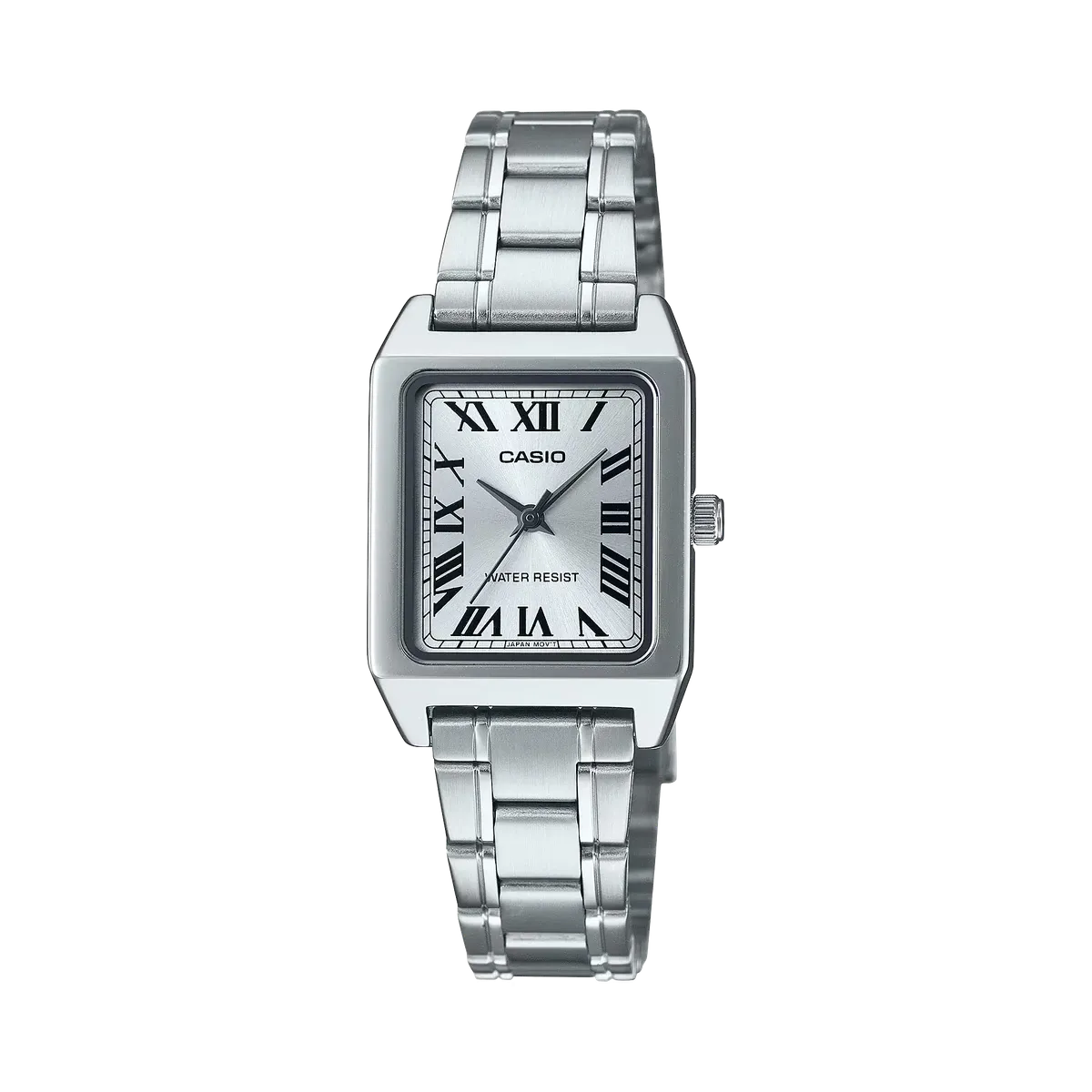 Vista frontal completa de reloj cuadrado con brazalete de acero inoxidable sobre fondo blanco.