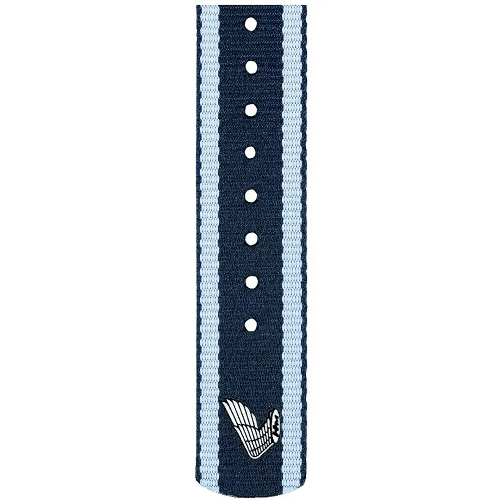 Front detail of the blue and white striped fabric strap with logo, white background