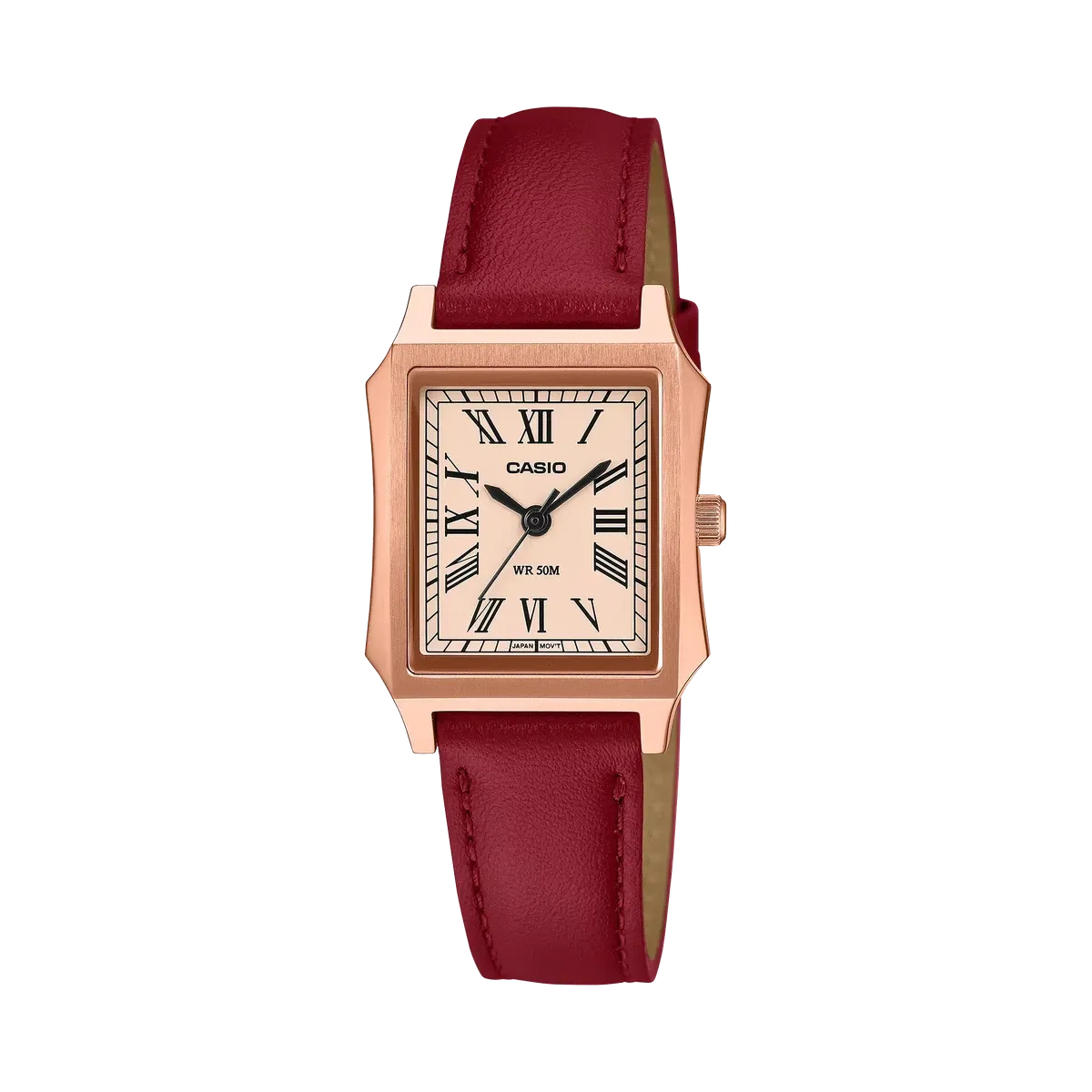Reloj de caja cuadrada color oro rosa con correa de piel roja, vista frontal sobre fondo blanco