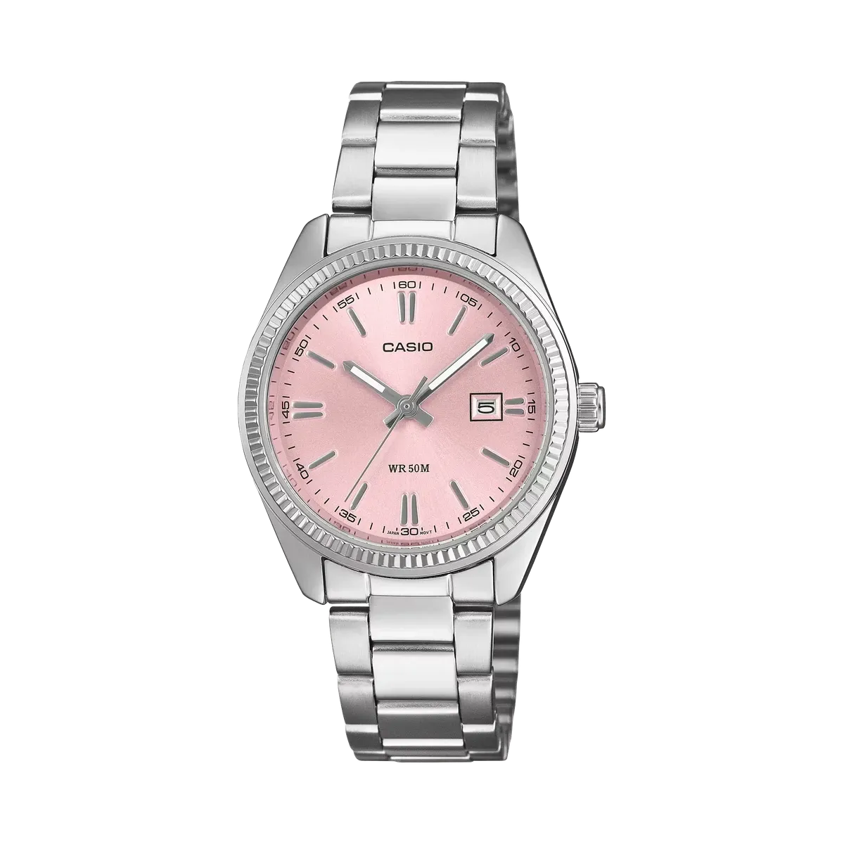 Vista frontal del reloj con esfera rosa y brazalete de acero, centrado sobre fondo blanco.