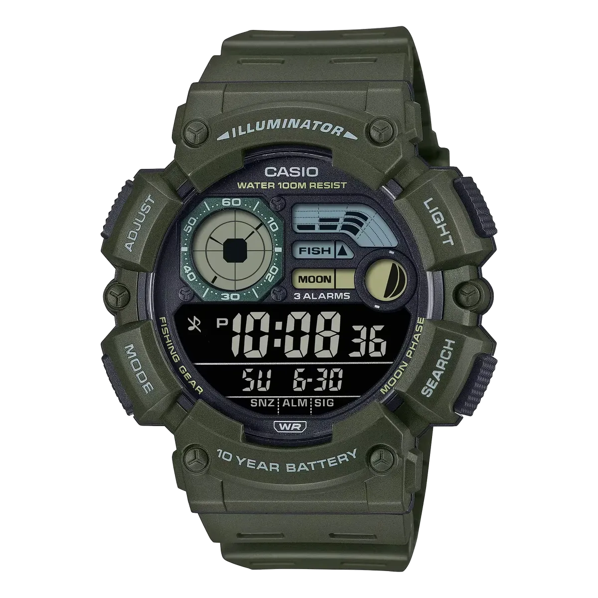 Vista frontal completa de reloj digital de resina color verde oliva sobre fondo blanco.