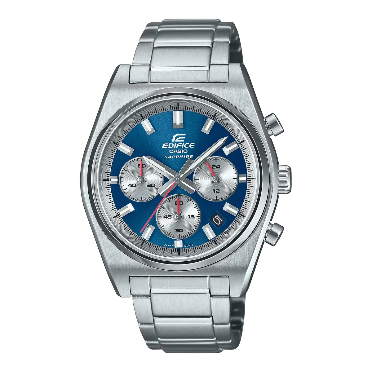 Vista frontal completa del reloj con esfera azul y brazalete de acero inoxidable sobre fondo blanco.