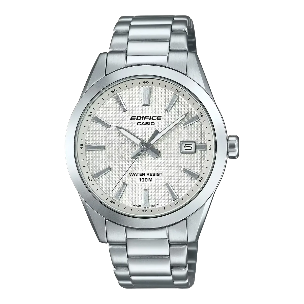 Vista frontal completa del reloj con esfera blanca y brazalete de acero inoxidable sobre fondo blanco.