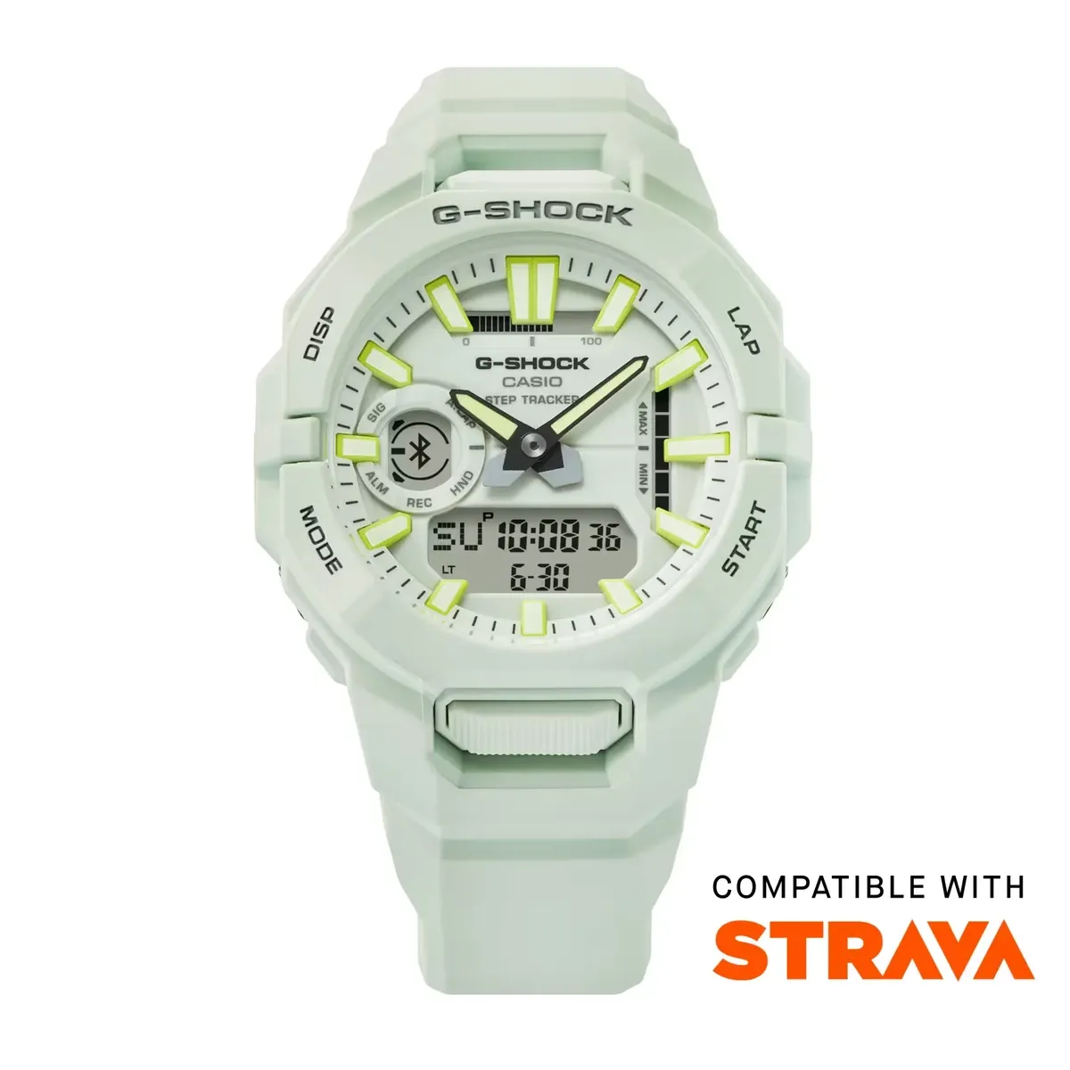 Vista frontal del reloj blanco sobre fondo blanco con logotipo de compatibilidad con Strava en la esquina inferior.