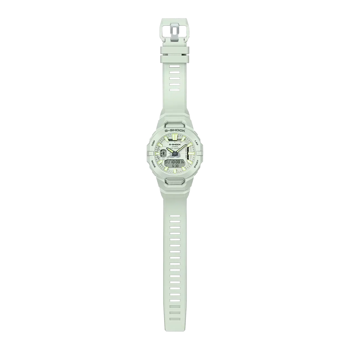 Vista frontal completa del reloj blanco, incluyendo la correa y hebilla, sobre fondo blanco.