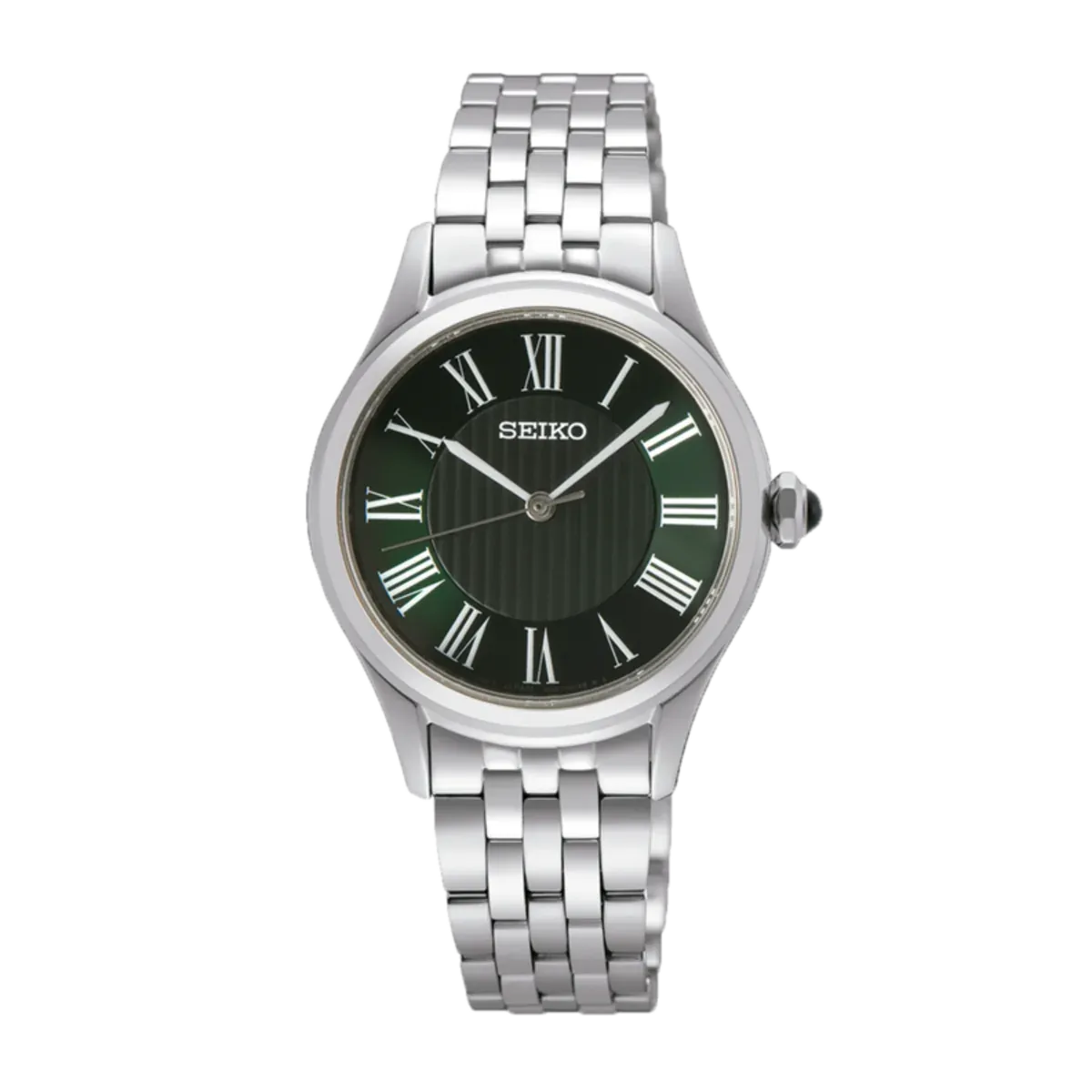 Vue frontale complète de la montre avec cadran vert et bracelet en acier, fond blanc.