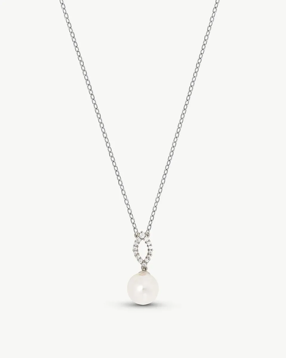 Necklace with pearl and cubic zirconia pendant on white background, centered front view.