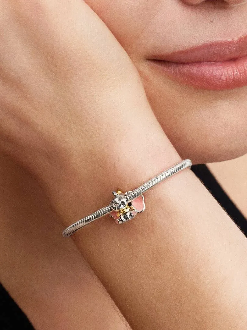 Close-up van de Dumbo charm aan een zilveren armband, gedragen om de pols met een wazige achtergrond.