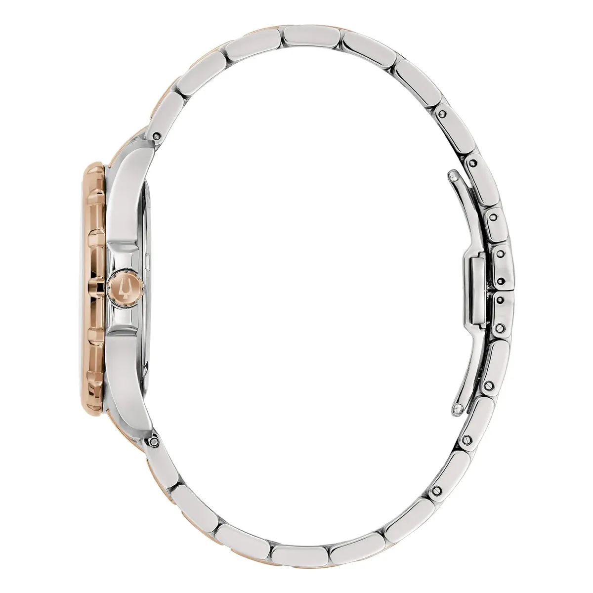 Vista de perfil del reloj sobre fondo blanco, destacando la corona y el brazalete de acero.
