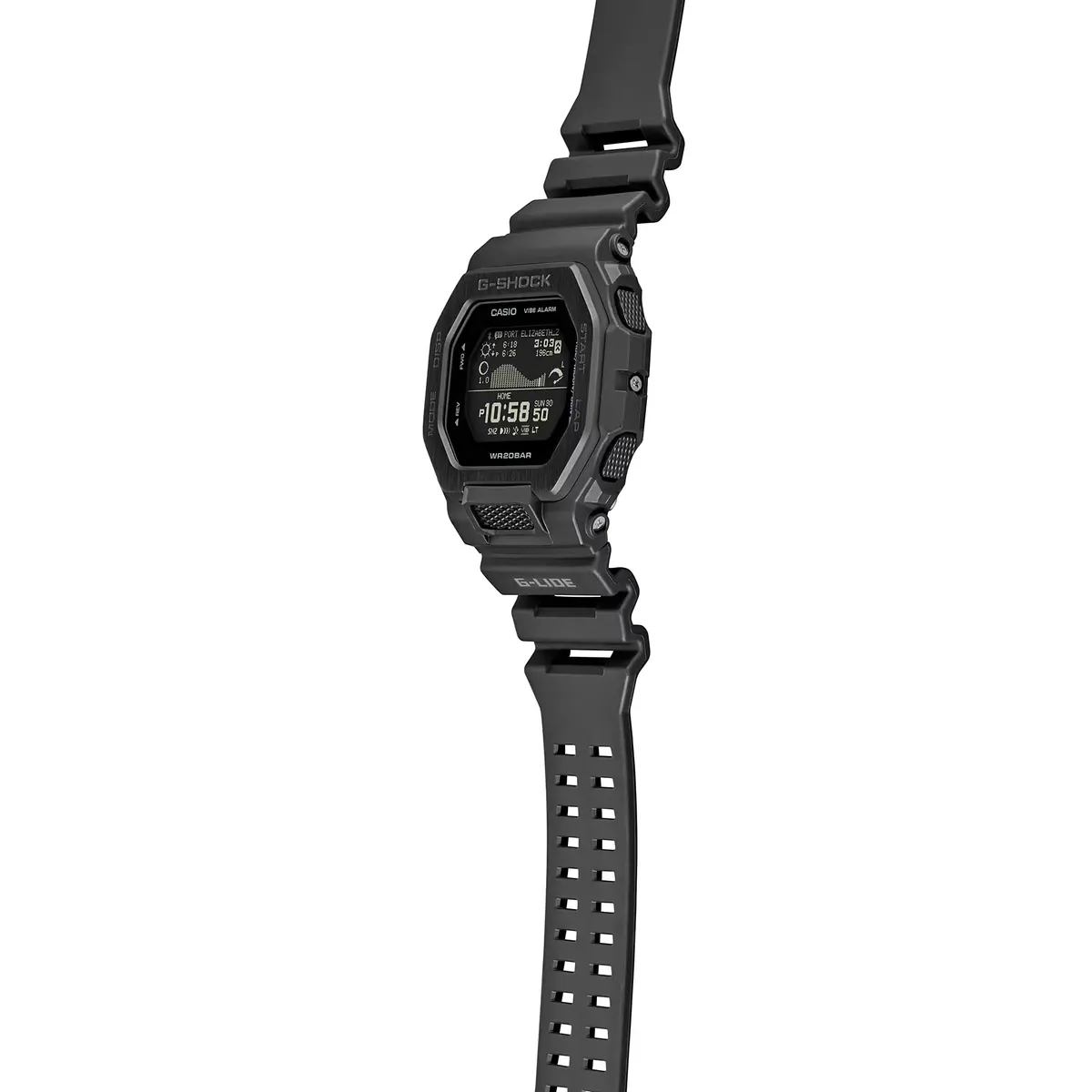 Vista frontal completa del reloj digital negro con correa de resina sobre fondo blanco.