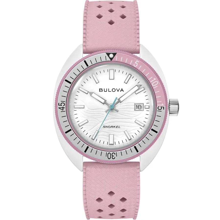 Front view of the watch with a pink rubber strap and white dial, white background.