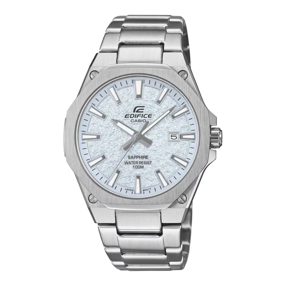 Vista frontal del reloj con esfera azul texturizada y brazalete de acero, centrado sobre fondo blanco.