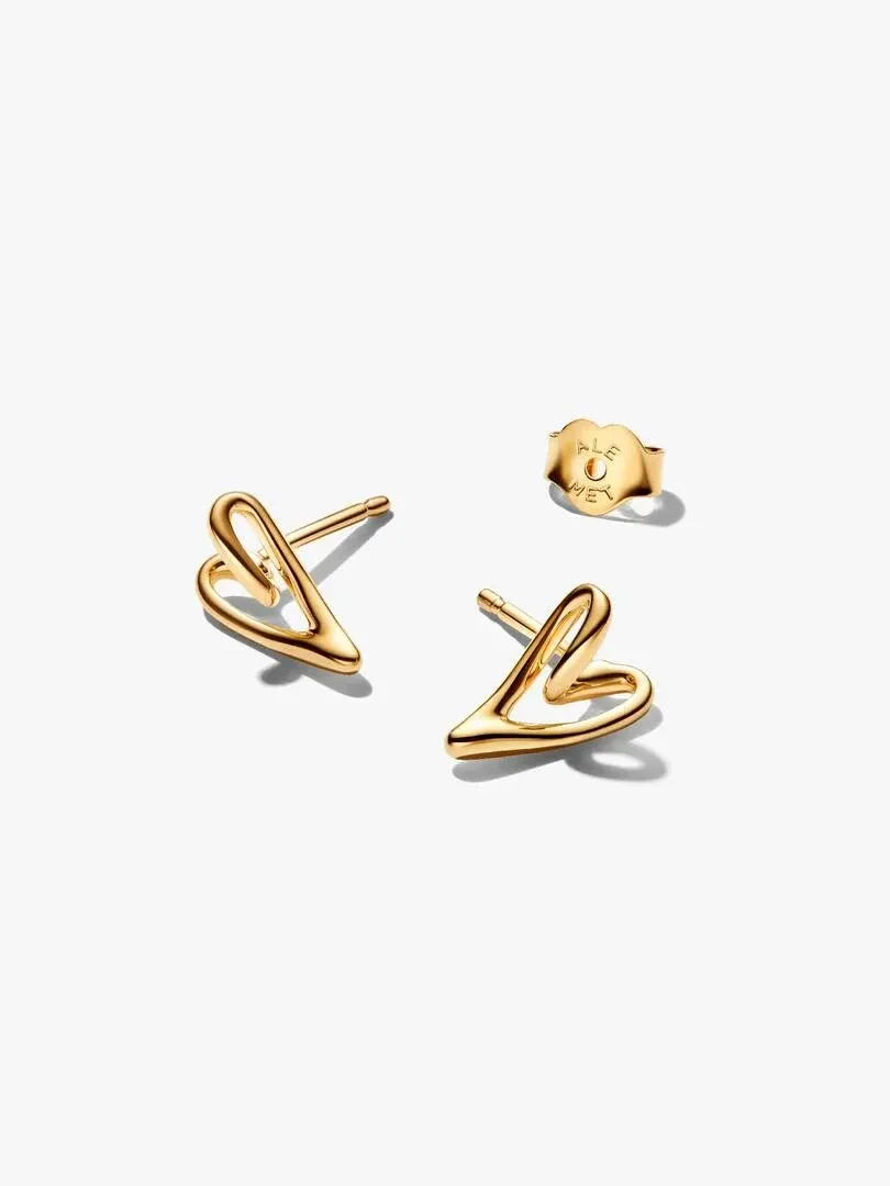 Pair of gold heart stud earrings on a white background, front view showing posts and butterfly backs.