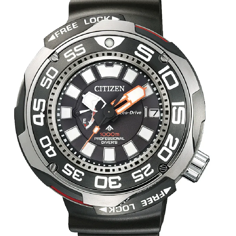Full front view of the watch on white background, centered on the dial and black titanium bezel.