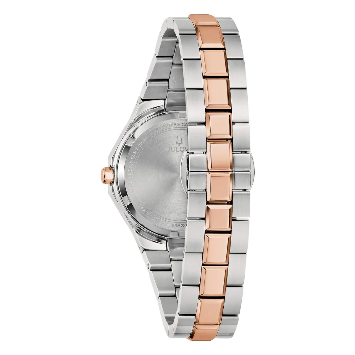 Vue arrière de la montre sur fond blanc, détail du fond de boîte gravé et du bracelet bicolore.