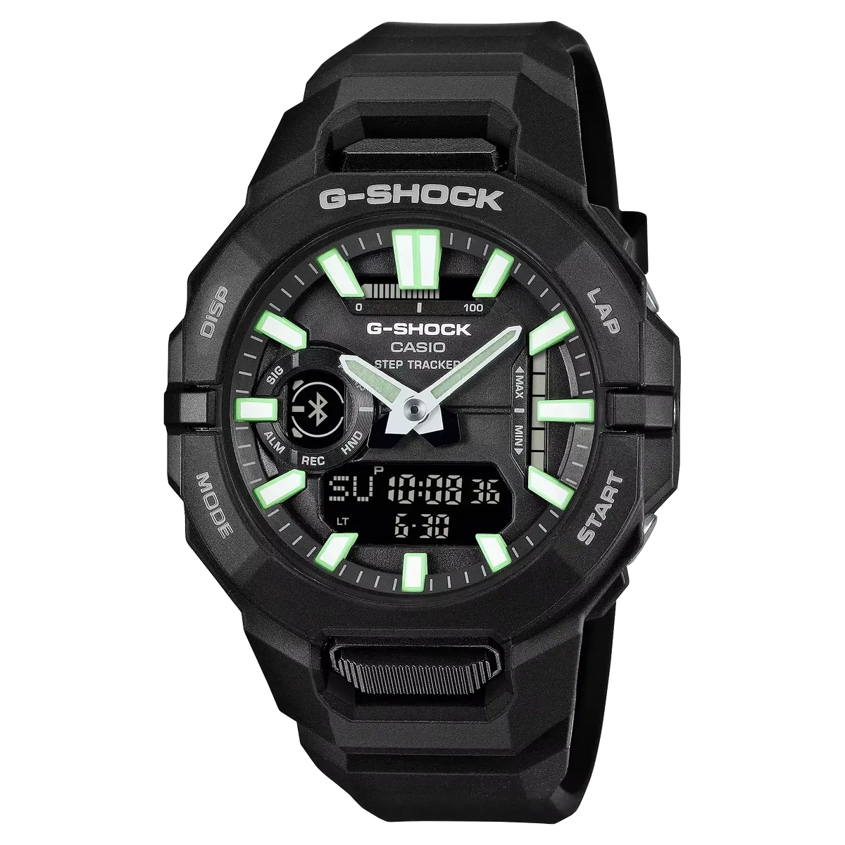 Vista frontal completa del reloj de resina negra con índices verdes, centrado sobre fondo negro.