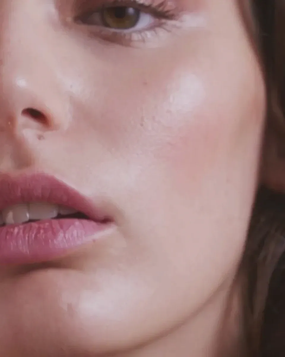Nahaufnahme des Gesichts eines Models mit weicher Beleuchtung, Fokus auf Augen und Lippen.