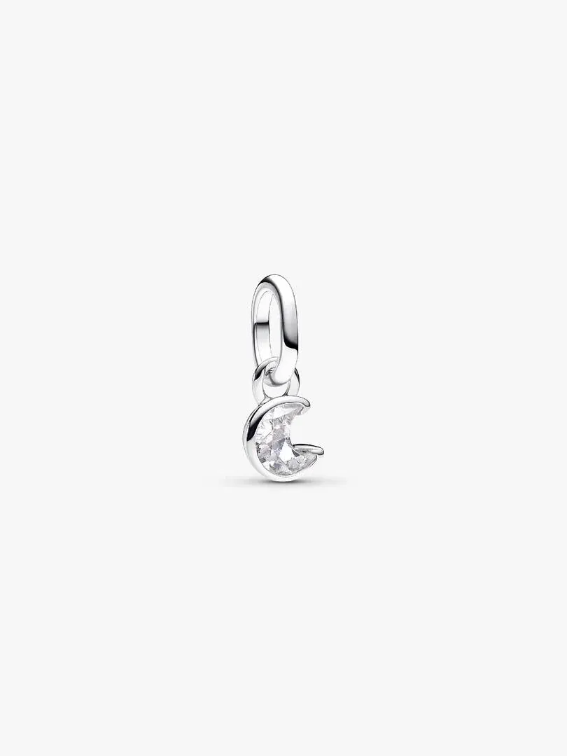 Silver moon charm with clear cubic zirconia, front view on a white background.