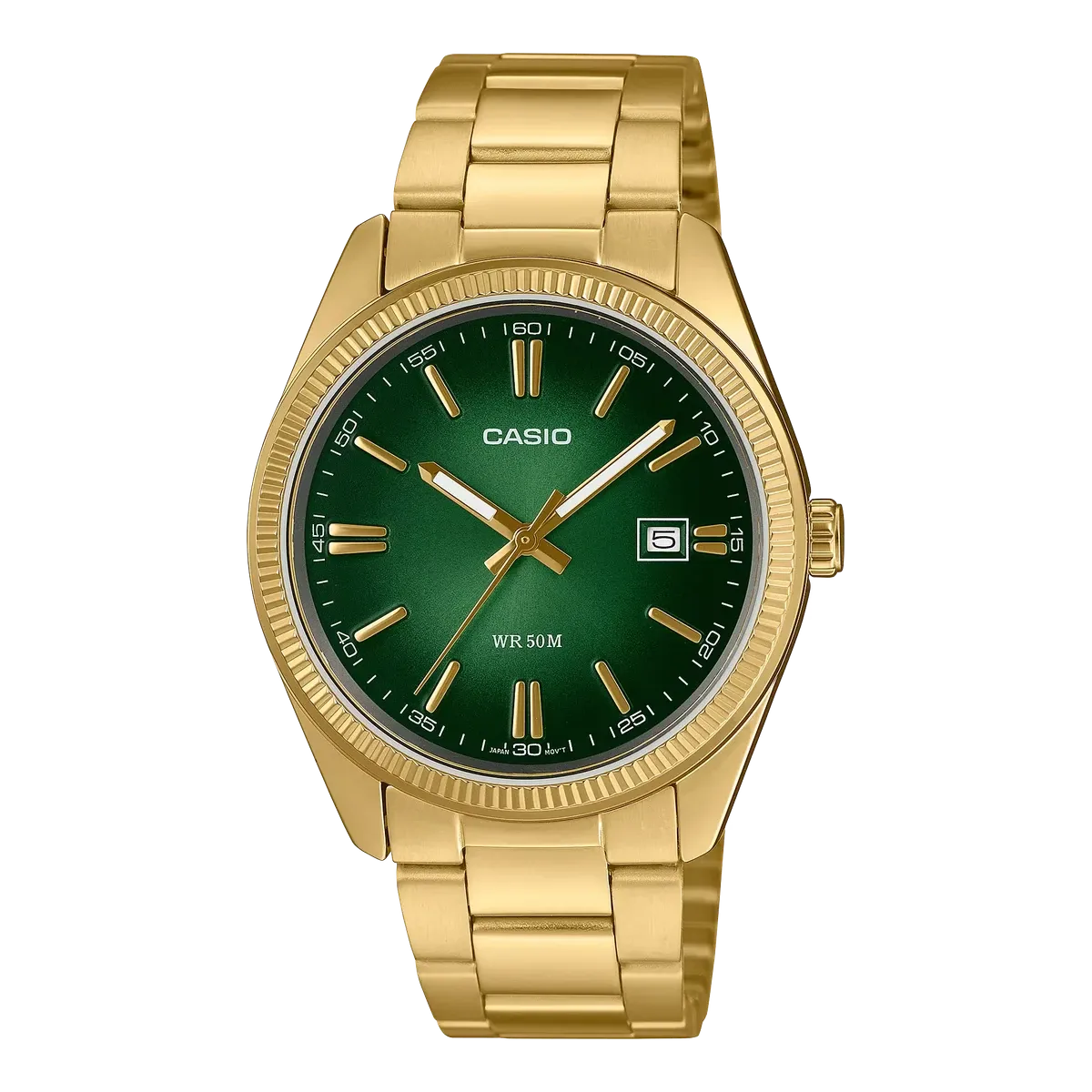 Vista frontal de reloj dorado con esfera verde, fondo dividido en blanco y negro.