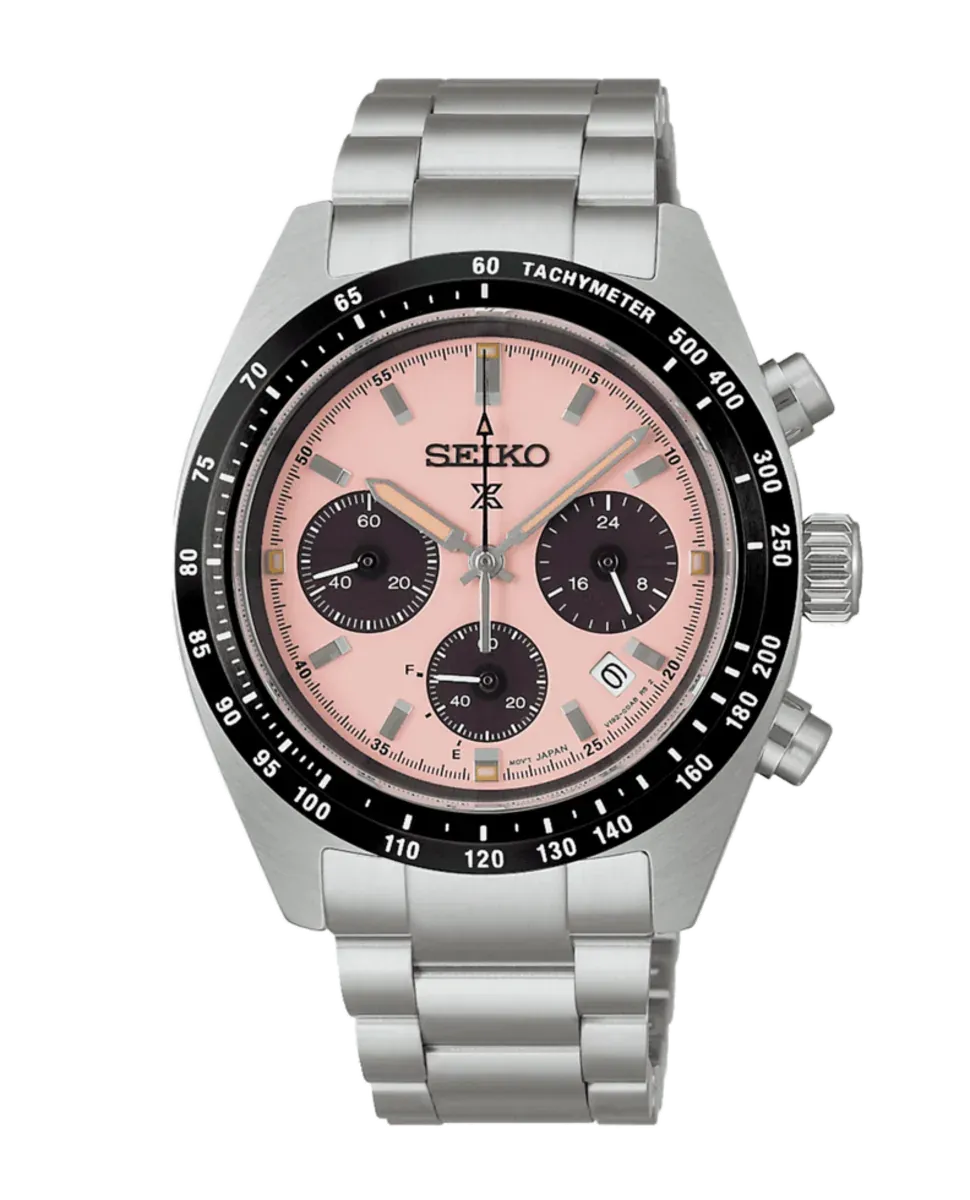 Vista frontal completa del reloj con esfera rosa y brazalete de acero, fondo blanco.