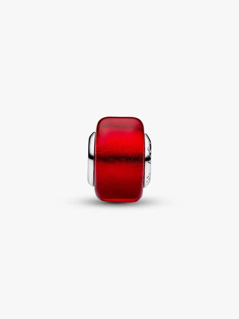 Red Murano glass charm with silver accents, front view on a pure white background.