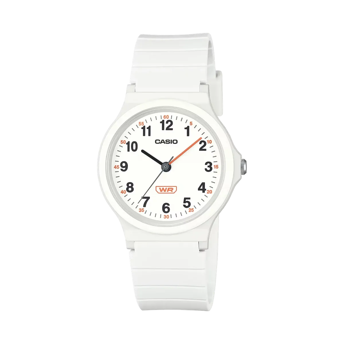 Vista frontal completa del reloj de resina blanca con esfera blanca sobre fondo blanco.