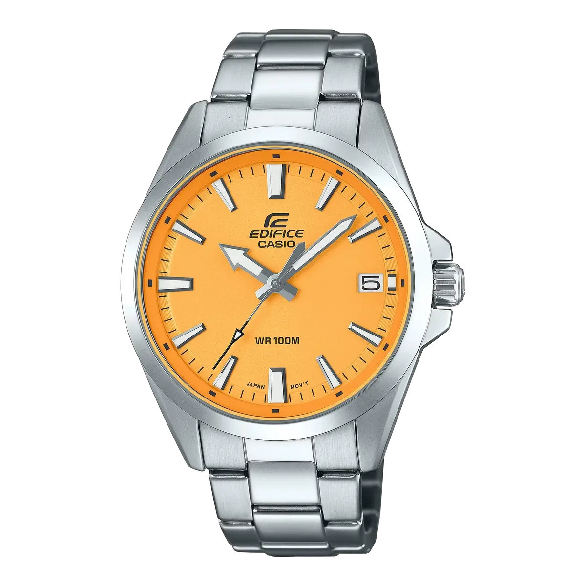Vista frontal de reloj con esfera naranja y brazalete de acero inoxidable sobre fondo blanco.