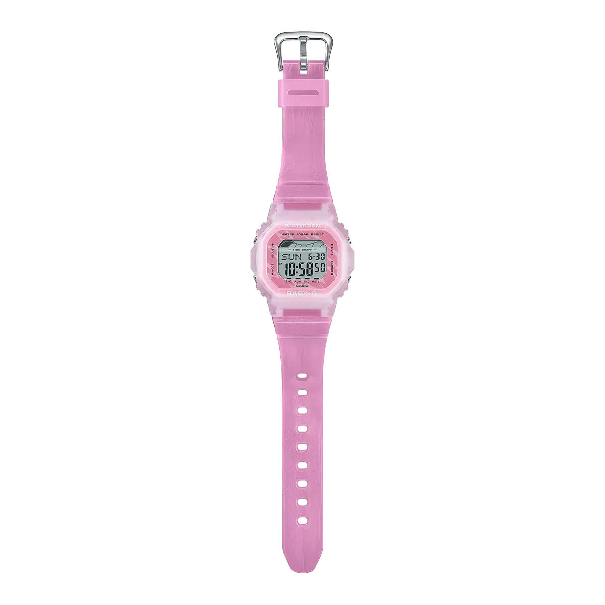 Vista frontal del reloj digital rosa extendido, mostrando la correa y la hebilla sobre fondo blanco.