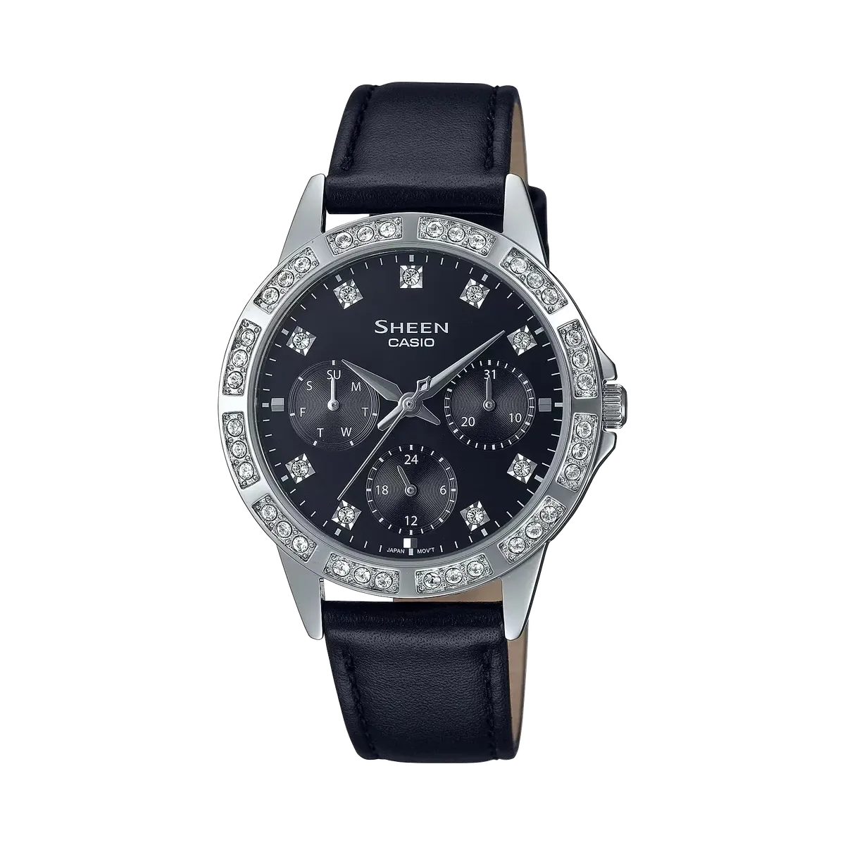 Vista frontal de reloj con esfera negra y bisel engastado con cristales, correa de piel negra, fondo blanco.
