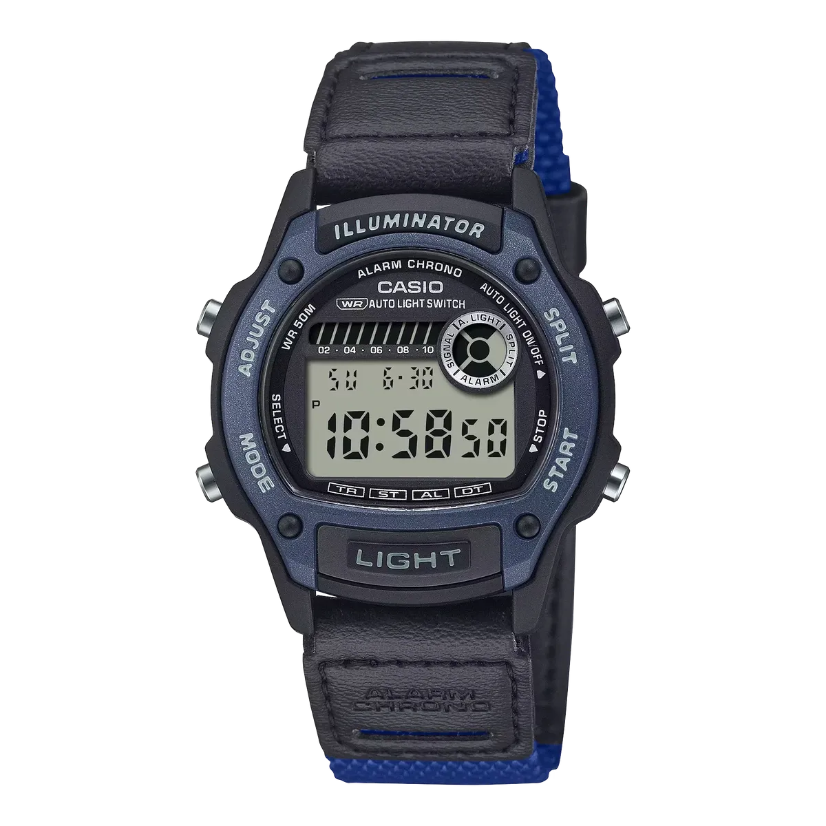 Vista frontal completa del reloj digital con correa de piel negra y detalles azules sobre fondo blanco.