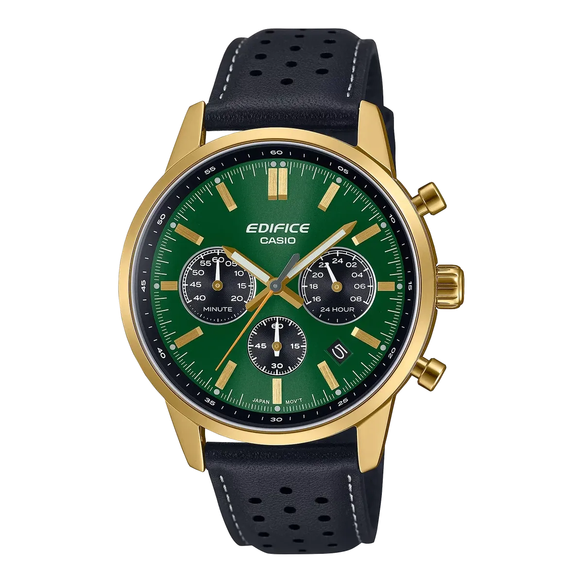 Vista frontal de reloj con caja dorada, esfera verde y correa de piel negra, fondo blanco.
