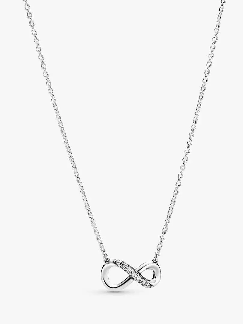 Silver necklace with infinity pendant featuring cubic zirconia, front view on white background.
