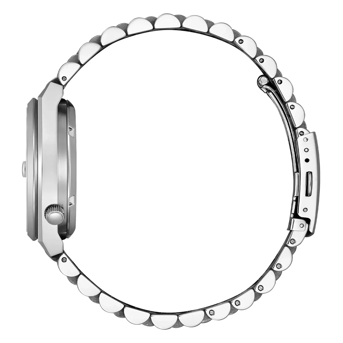 Vista de perfil del reloj con el brazalete dispuesto en círculo sobre fondo blanco, destacando la caja y la corona.