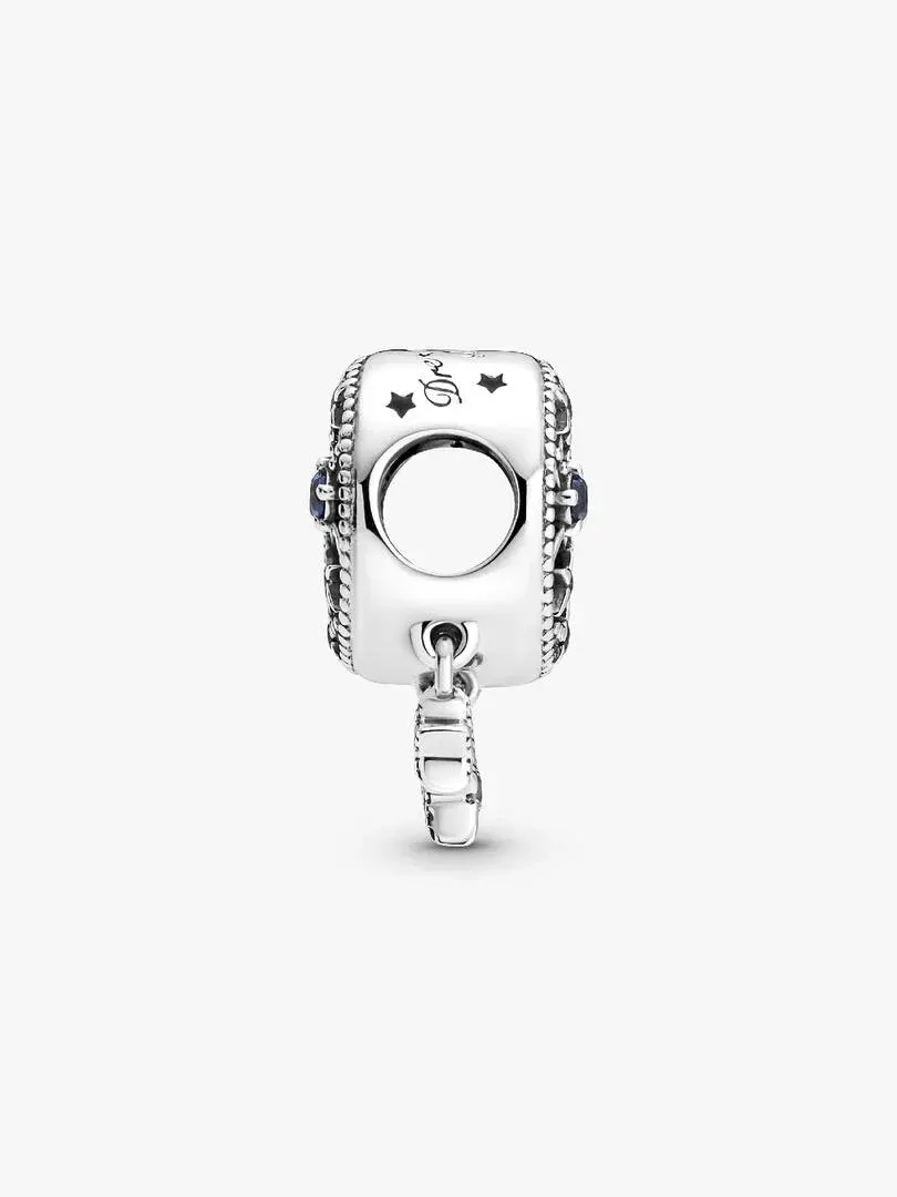 Front view of the silver charm on a white background, showing the crescent moon and dangling star detail.