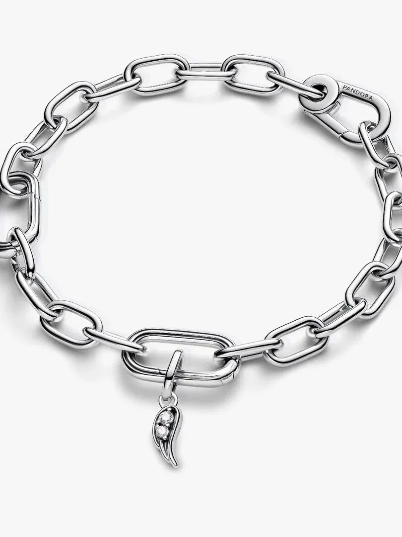 Top view of the link bracelet with the angel wing charm, white background.